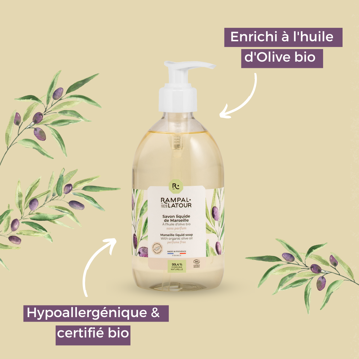 Marseille liquid soap certified organic 500ml - Cosmos Organic