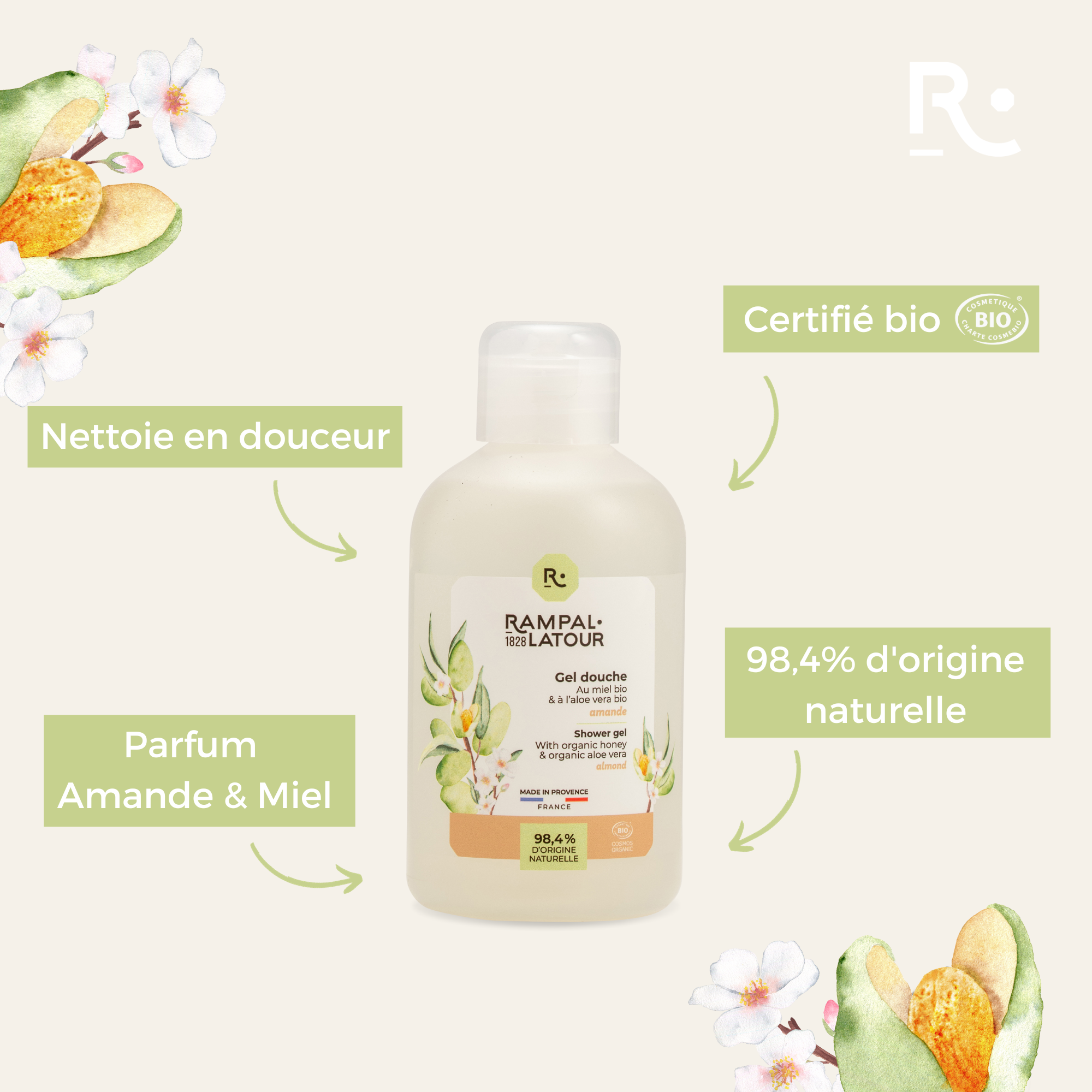 Gel douche certifié bio Amande 250ml - Cosmos Organic