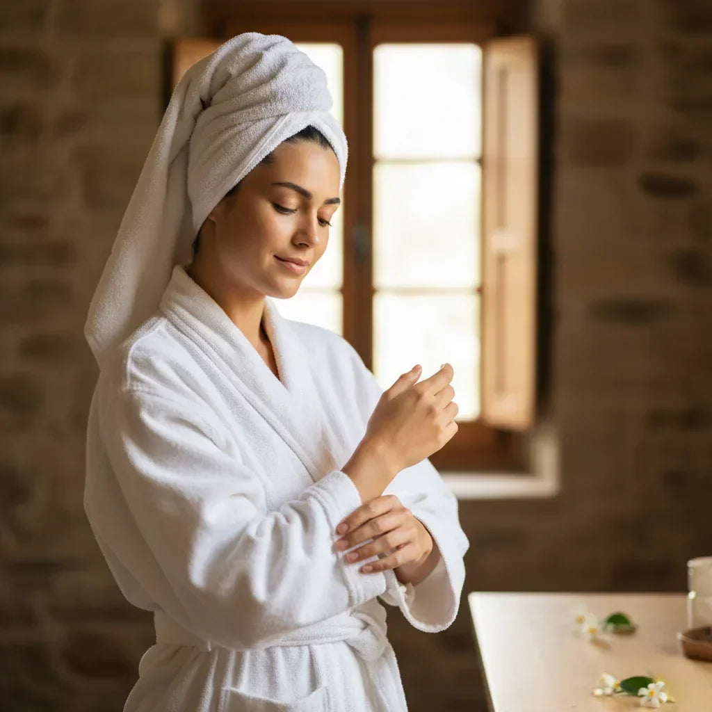 Une femme sortant de la douche en peignoir, prête à appliquer ses soins pour son rituel beauté.