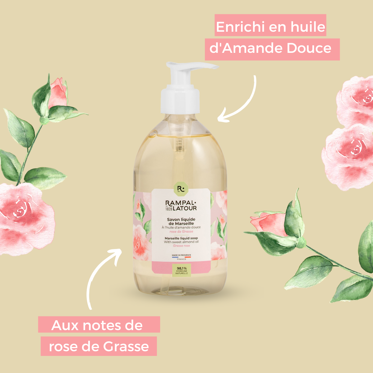 Savon liquide de Marseille Rose de Grasse 500ml