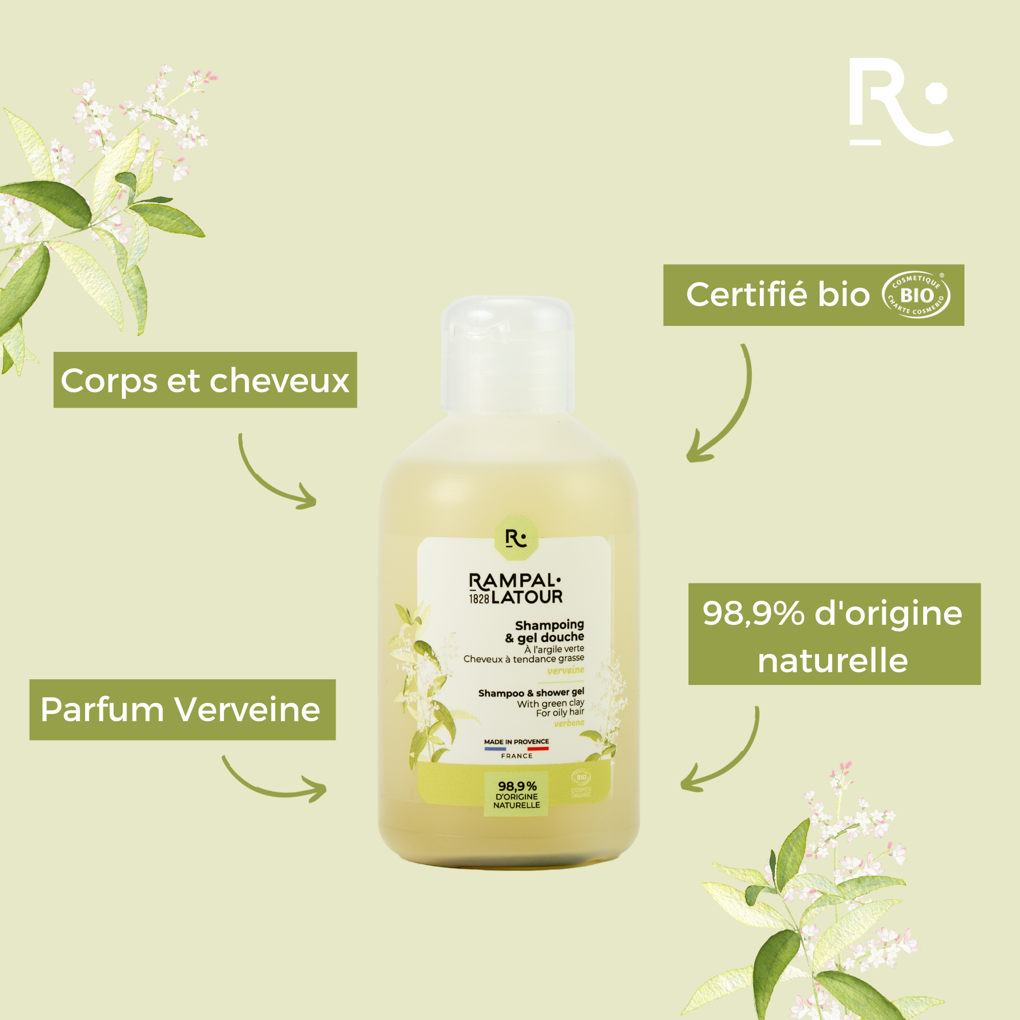 Shower shampoo certified organic Clay-Verbena 250ml - Cosmos Organic