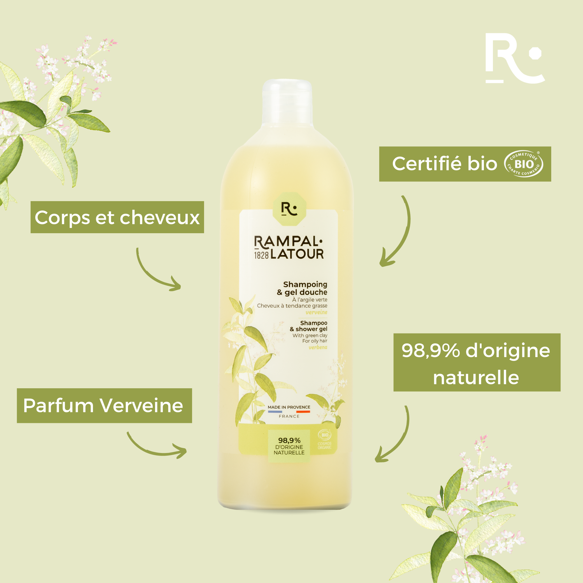 Shower shampoo certified organic Clay-Verbena 1L - Cosmos Organic