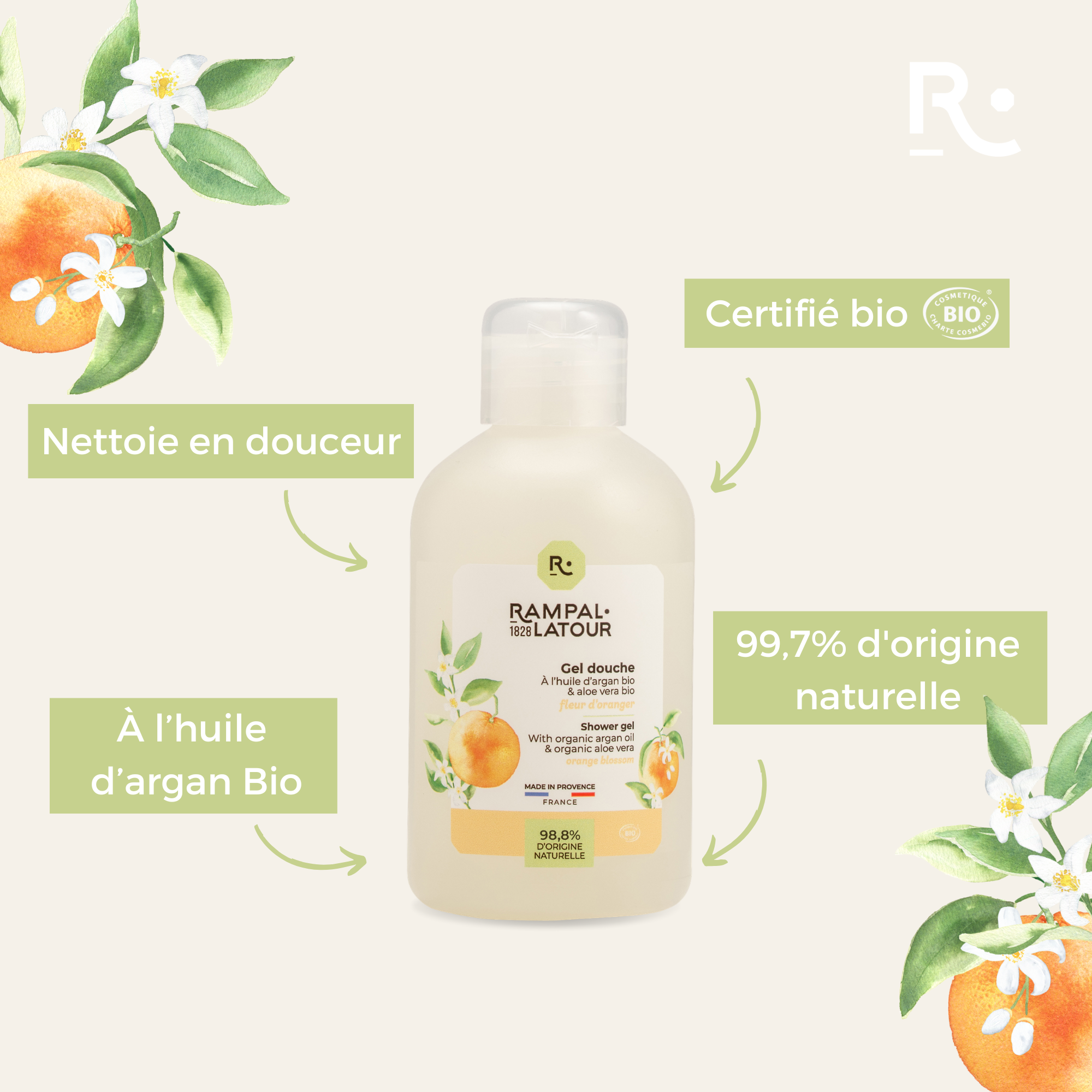 Gel douche certifié bio Fleur d'oranger 250ml - Cosmétique Bio Ecocert